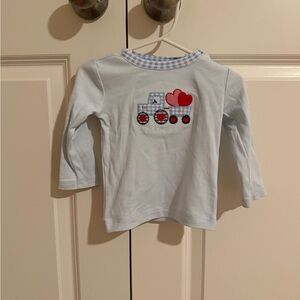 Magnolia Baby Light Blue Long-Sleeve Top with Tractor & Red Hearts appliqué
